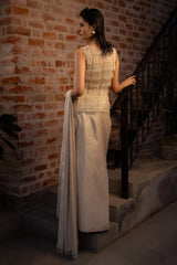 Off White Lycra Ready to Wear Saree with Beaded Fringe Long Blouse