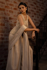 Off White Lycra Ready to Wear Saree with Beaded Fringe Long Blouse