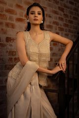 Off White Lycra Ready to Wear Saree with Beaded Fringe Long Blouse