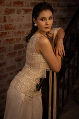 Off White Lycra Ready to Wear Saree with Beaded Fringe Long Blouse