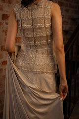 Off White Lycra Ready to Wear Saree with Beaded Fringe Long Blouse