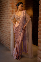 Lavender Satin Silk Ready to Wear Saree with Sequin Cutdana Work Cape Sleeved Blouse