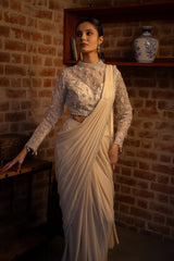 Off White Lycra Ready to Wear Saree with Embellished Beaded and Sequin Long Sleeve Crew Neck Blouse