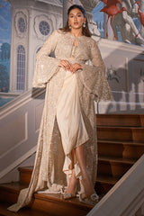 Cream Silk Drape Skirt and Embellished Blouse Set in Raw Silk with Heavy Work Jacket