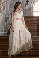 Designer Pearl White Crop Top Palazzo and Jacket Set in Net with Cutdana and Sequins Work