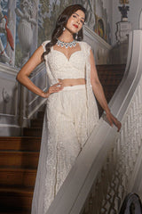 Designer Pearl White Crop Top Palazzo and Jacket Set in Net with Cutdana and Sequins Work
