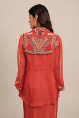 Orange Organza Intricate Embroidery Beaded Dangling Fringe Top with Pleated Skirt