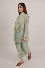 Light Pista Green Organza Thread Embroidery Beaded and Dangling Fringe Tassle Top with Pleated Skirt