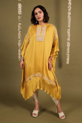 Yellow Silk Thread Embroidery Kaftan with Tulip Dhoti