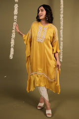 Yellow Silk Thread Embroidery Kaftan with Tulip Dhoti