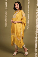 Yellow Silk Thread Embroidery Kaftan with Tulip Dhoti
