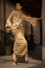 Beige Raw Silk Designer Heavy Worked Crop Top Jacket with Pleated Dhoti Skirt