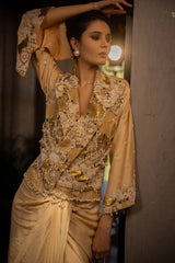 Beige Raw Silk Designer Heavy Worked Crop Top Jacket with Pleated Dhoti Skirt