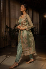 Mint Green Shimmer Tissue Crop Top Pant with Jacket