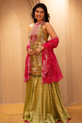 Mehendi Green Raw Silk Mirror and Beads Work Halter Neck Palazzo Suit