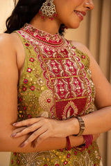 Mehendi Green Raw Silk Mirror and Beads Work Halter Neck Palazzo Suit