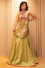 Mehendi Green Raw Silk Mirror and Beads Work Halter Neck Palazzo Suit