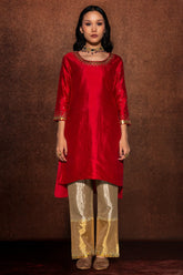 Red Dupion Suit with Sequins Aari Work
