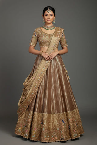 Chocolate Brown Munga Silk Woven Lehenga with Zardosi Beaded Work and Peacock Motif Broad Border