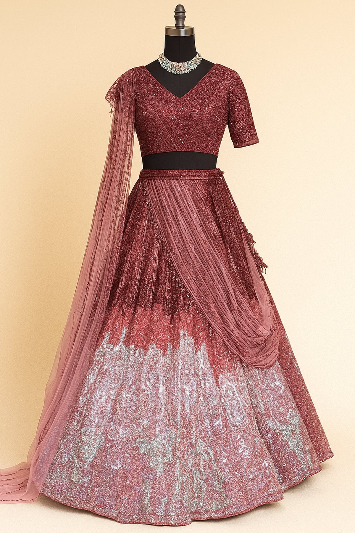 Maroon and Silver Net Sequinned Designer Lehenga