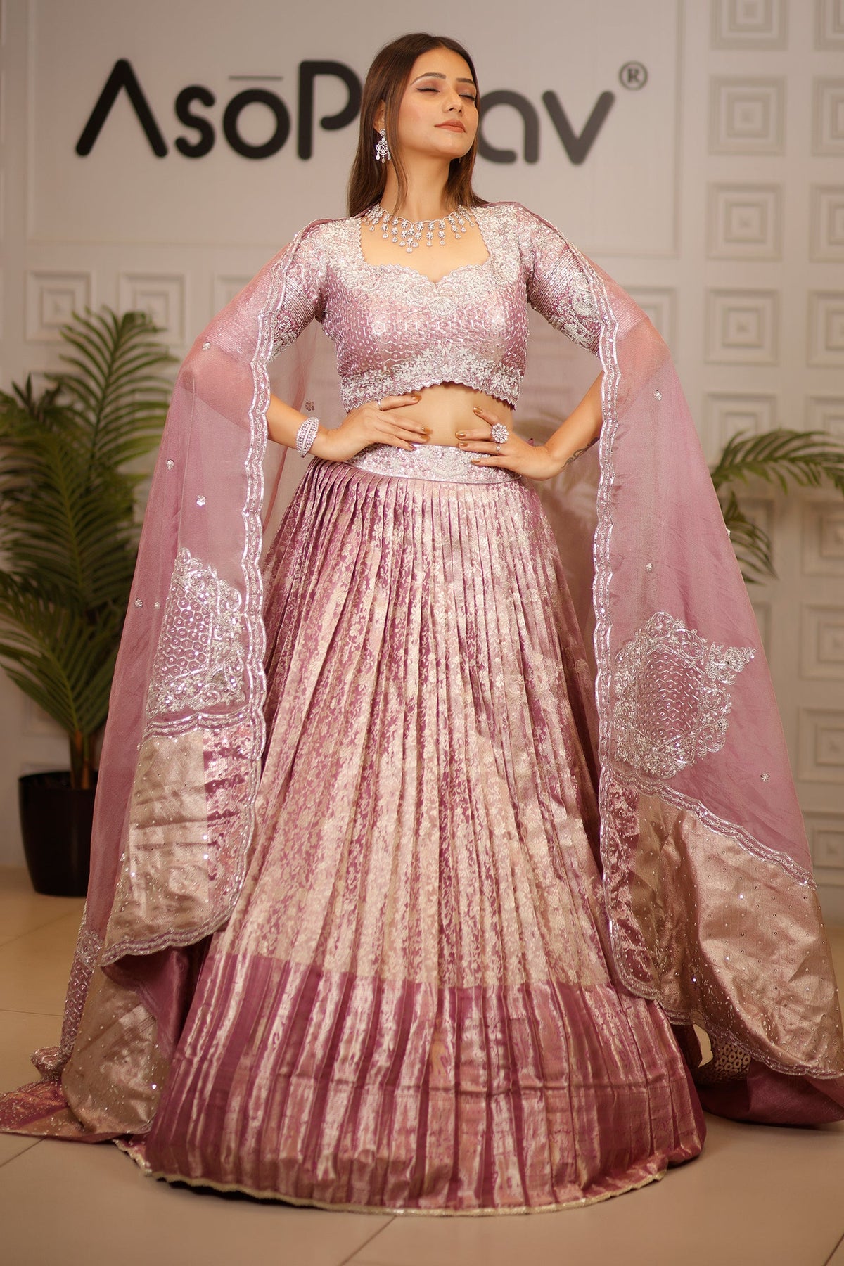 Dusty Mauve Tissue Pleated Lehenga