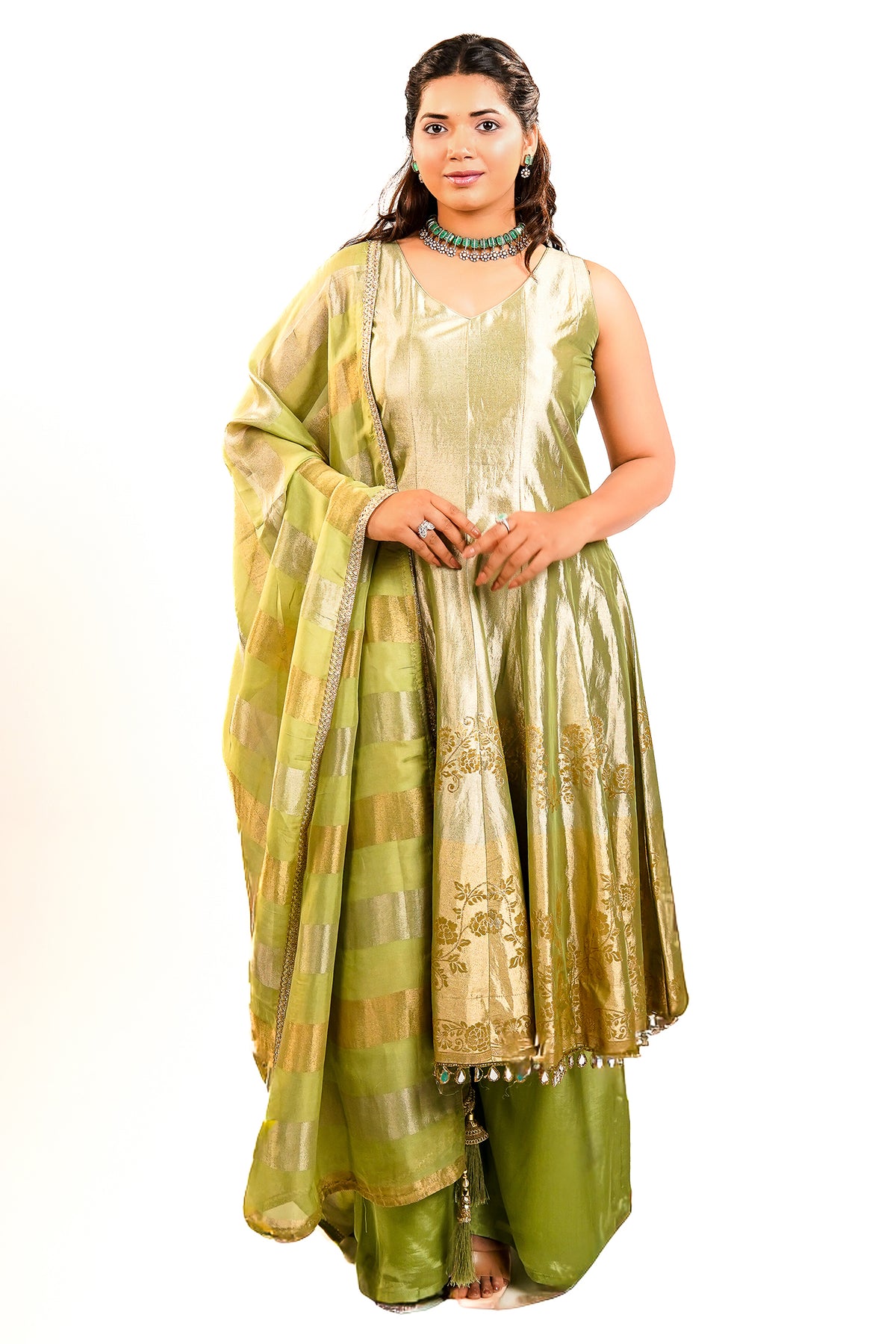 Green Tissue Silk Woven Anarkali Palazzo Suit