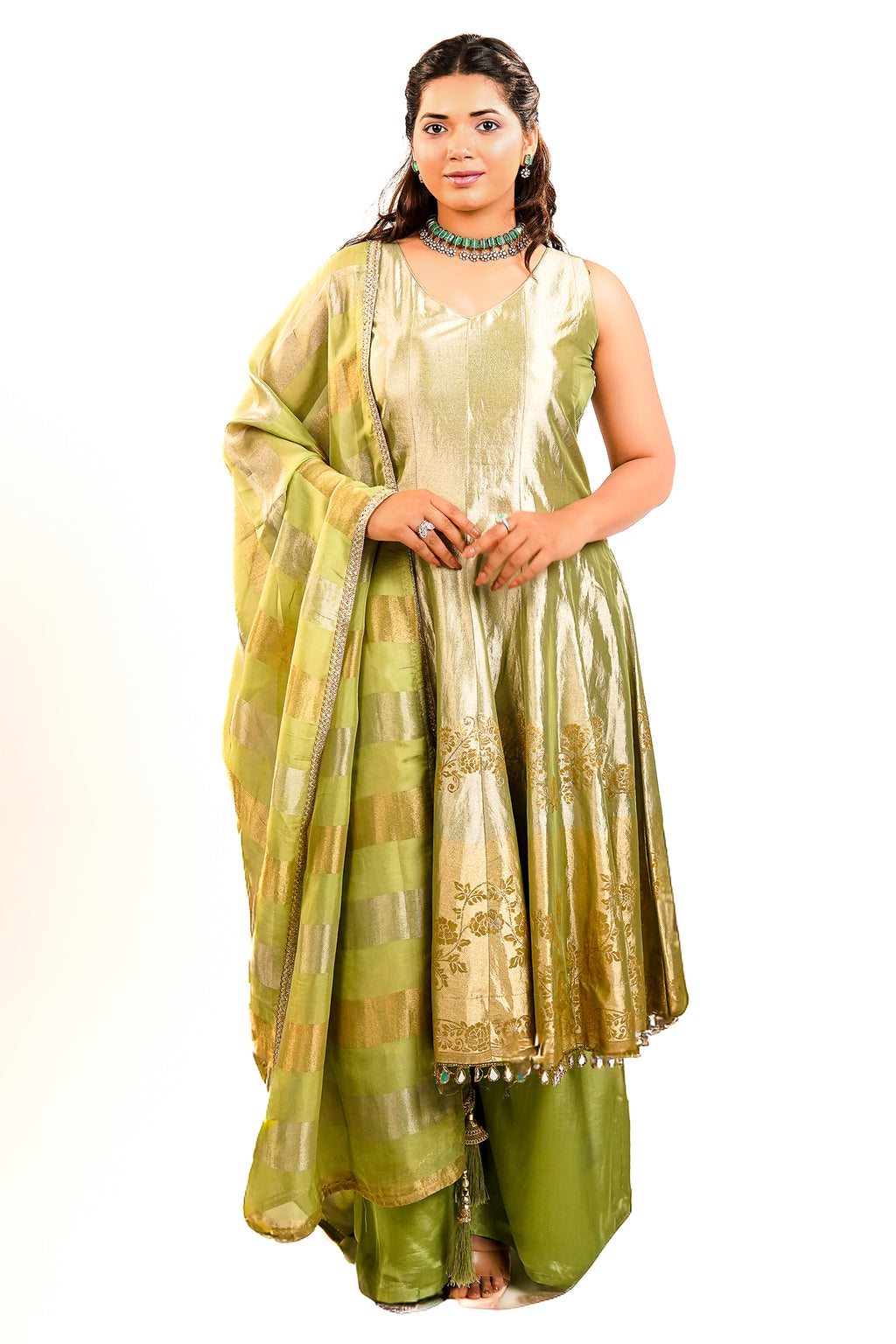 Green Tissue Silk Woven Anarkali Palazzo Suit