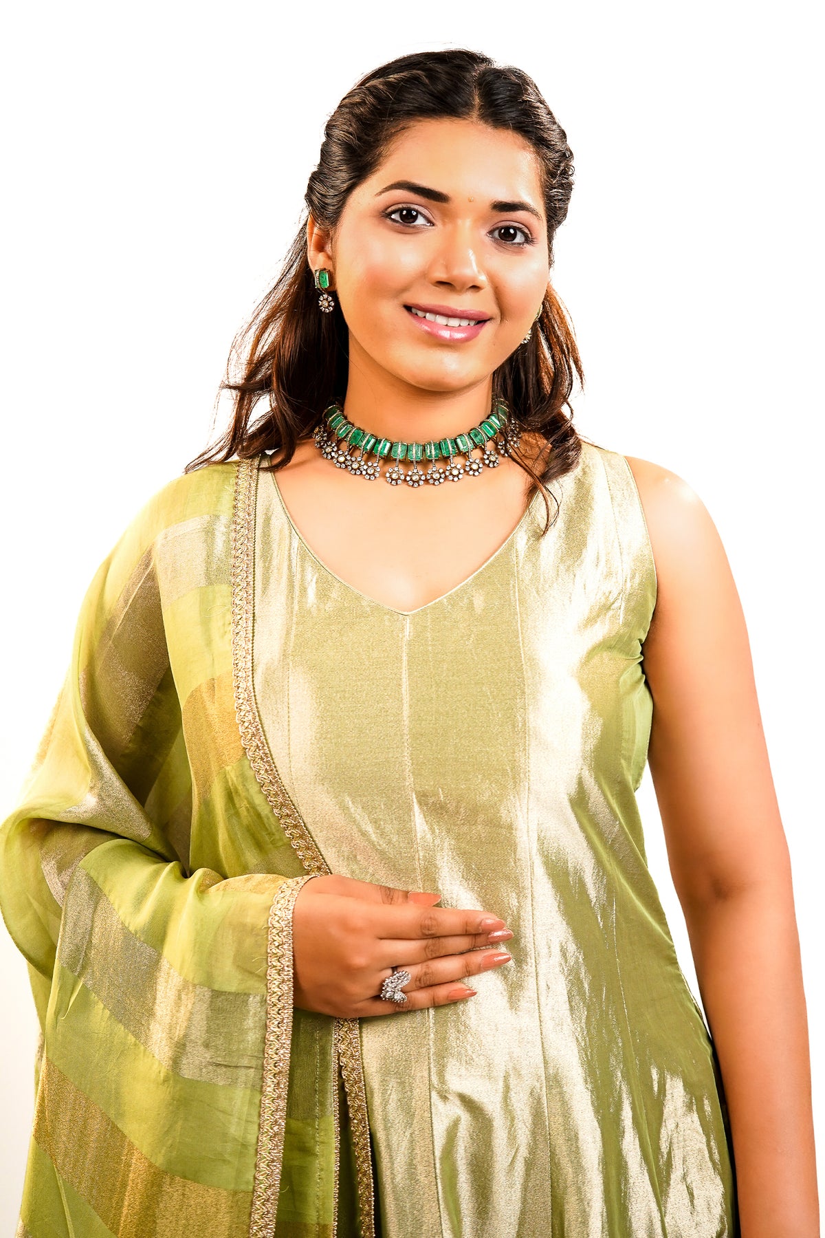 Green Tissue Silk Woven Anarkali Palazzo Suit