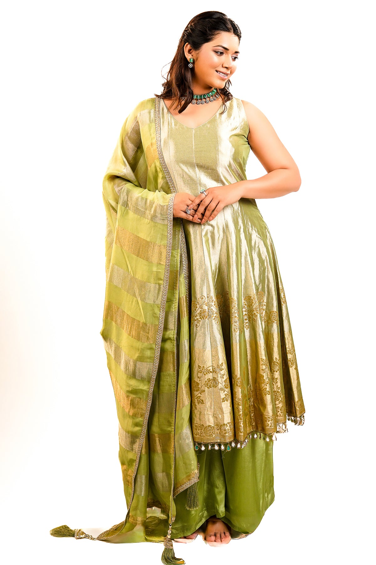 Green Tissue Silk Woven Anarkali Palazzo Suit