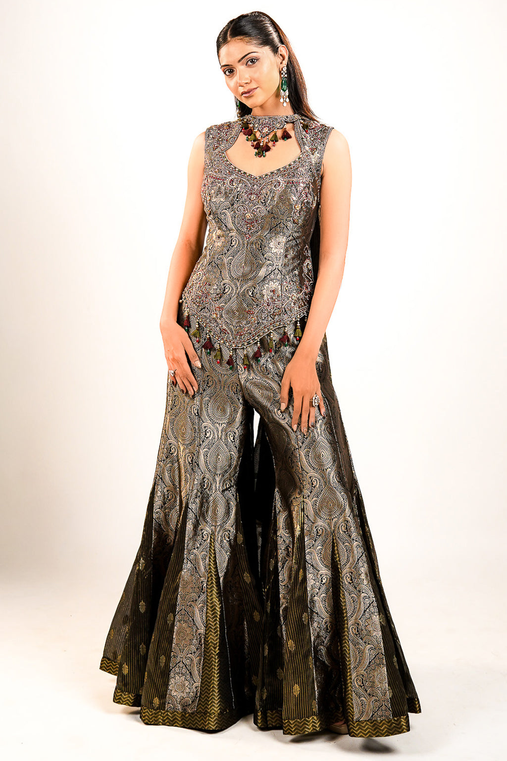 Black Brocade Silk Woven Palazzo Set with Handwork