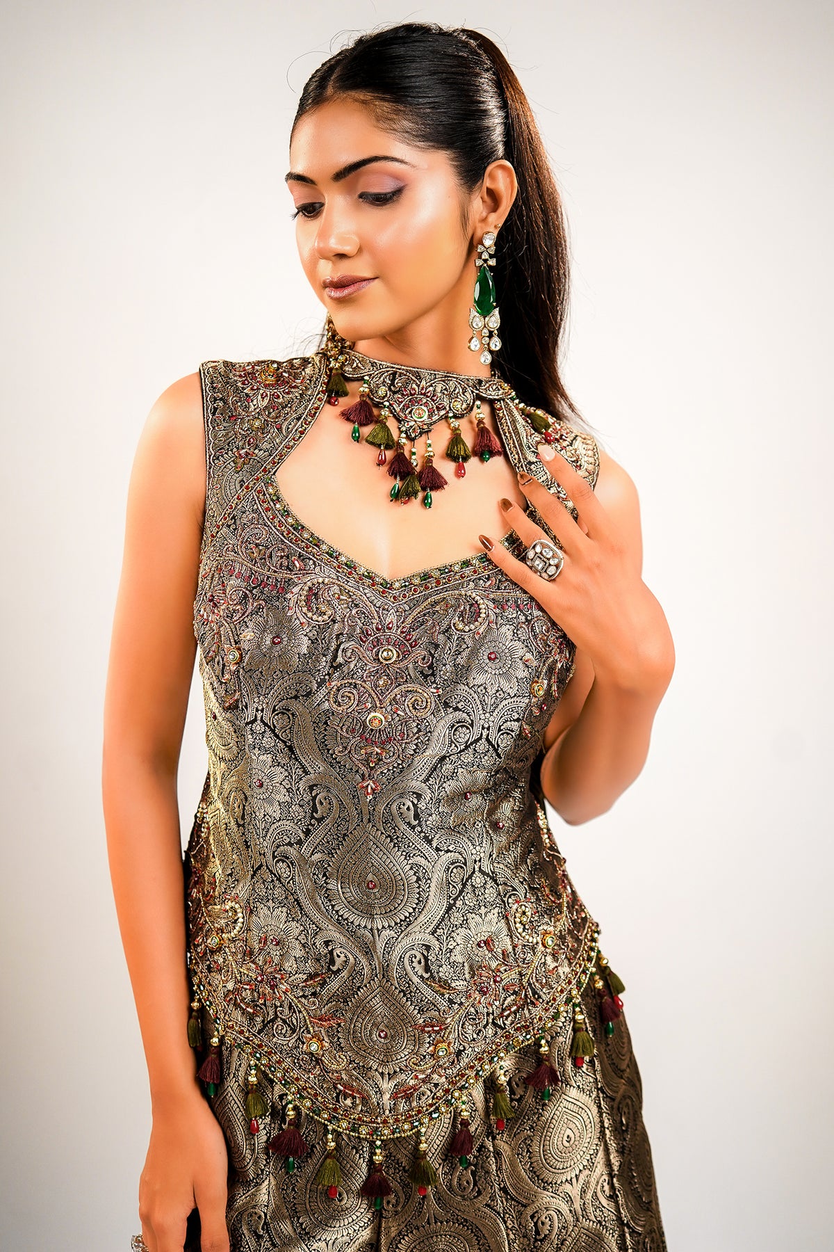 Black Brocade Silk Woven Palazzo Set with Handwork