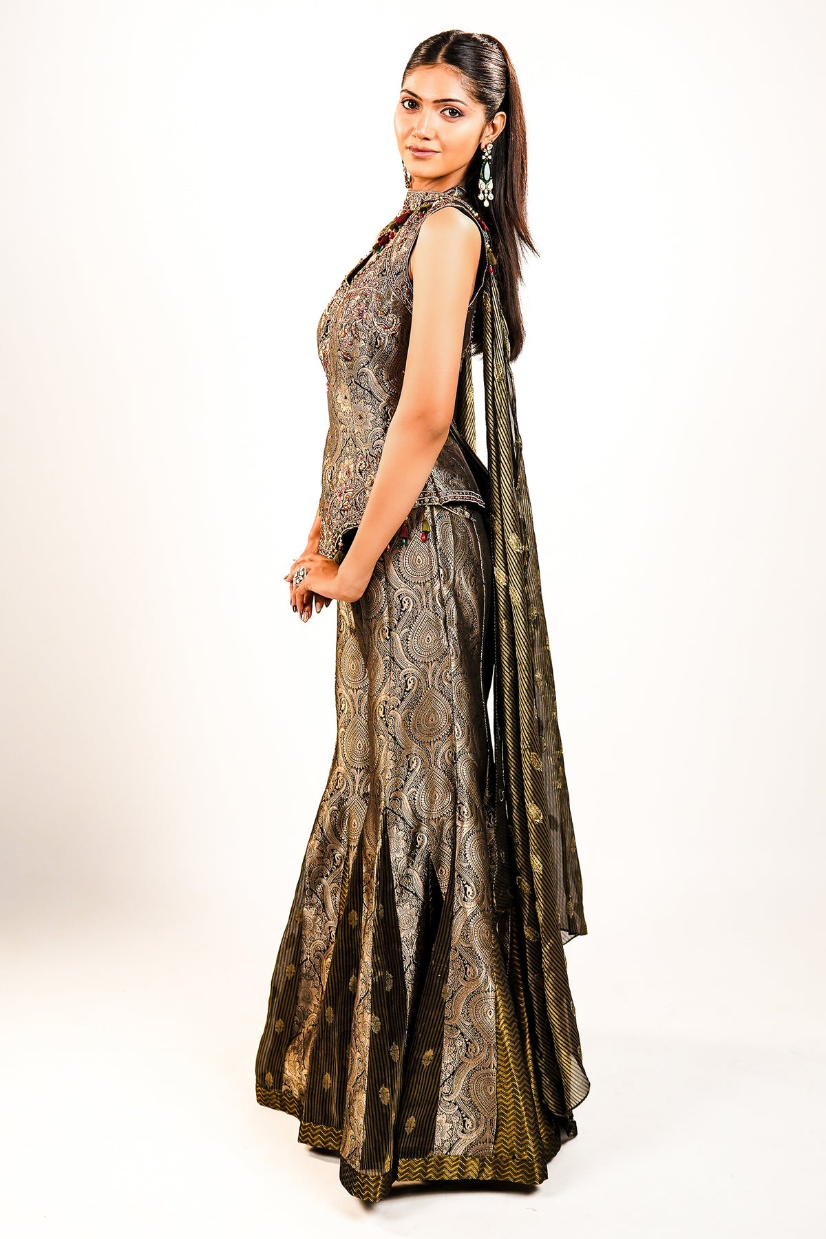 Black Brocade Silk Woven Palazzo Set with Handwork