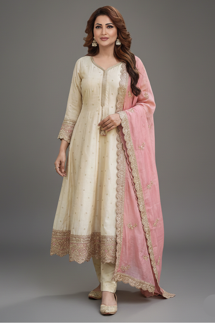 Cream Art Silk Sequin Embroidered Anarkali Suit - red silk saree embroidered