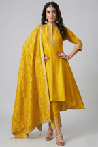 Yellow Art Silk High and Low Sequin Mirror Worked Suit - yellow silk saree