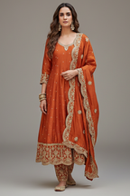 Orange Art Silk Sequin Embroidered Anarkali Suit with Scallop Border - red silk saree embroidered