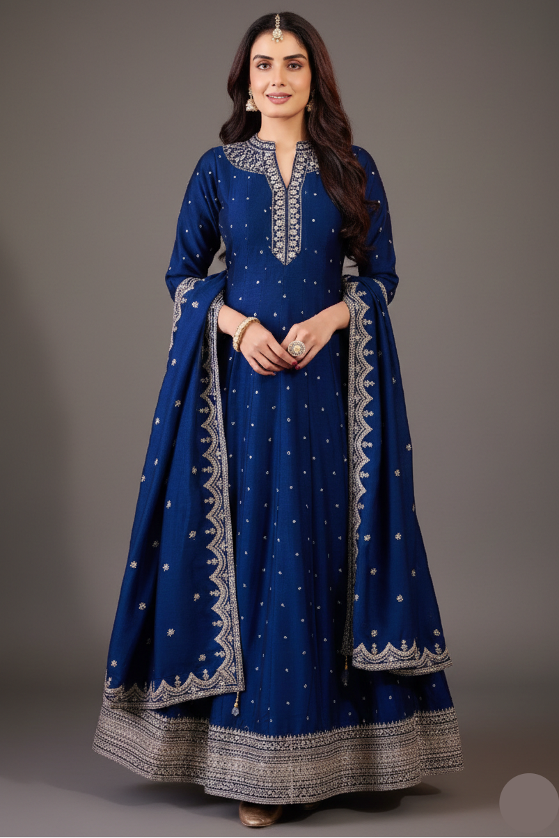 Navy Blue Art Silk Sequin Embroidery Worked Anarkali Suit - blue silk saree embroidery