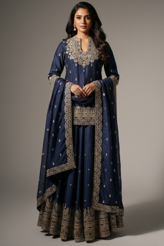 Blue Raw Silk Sequin Embroidered Palazzo Suit