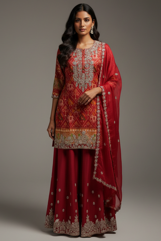 Red Silk Patola Printed Palazzo Suit with Sequin and Beads Work