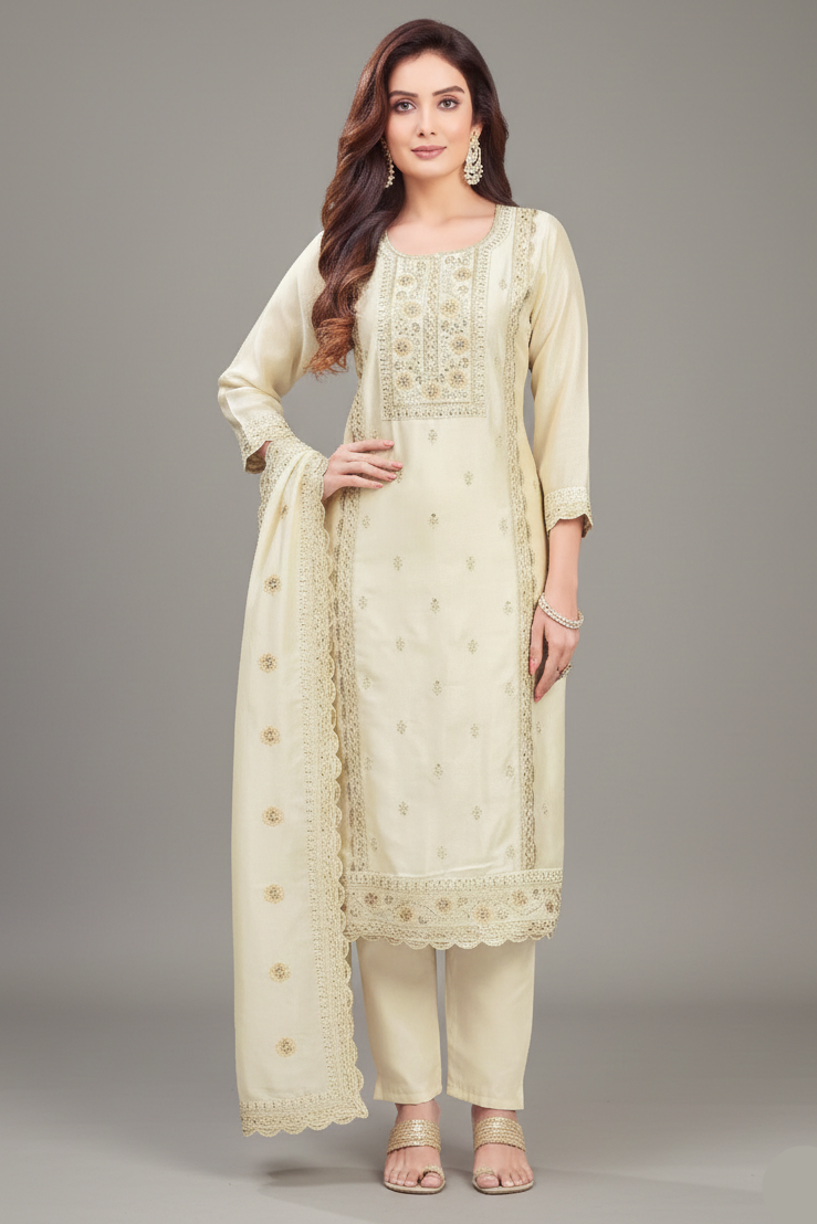 Cream Art Silk Sequins Embroidered Straight Cut Suit - red silk saree embroidered