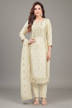 Cream Art Silk Sequins Embroidered Straight Cut Suit - red silk saree embroidered