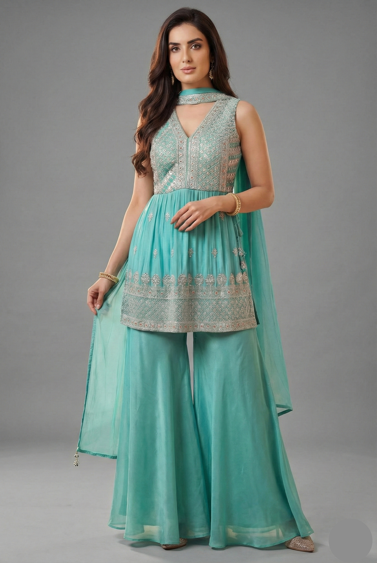 Sea Green Glass Tissue Organza Embroidered Palazzo Suit - red organza saree embroidered Main image