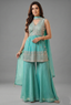 Sea Green Glass Tissue Organza Embroidered Palazzo Suit - red organza saree embroidered