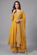 Yellow Art Silk Embroidered Anarkali Palazzo Suit - red silk saree embroidered