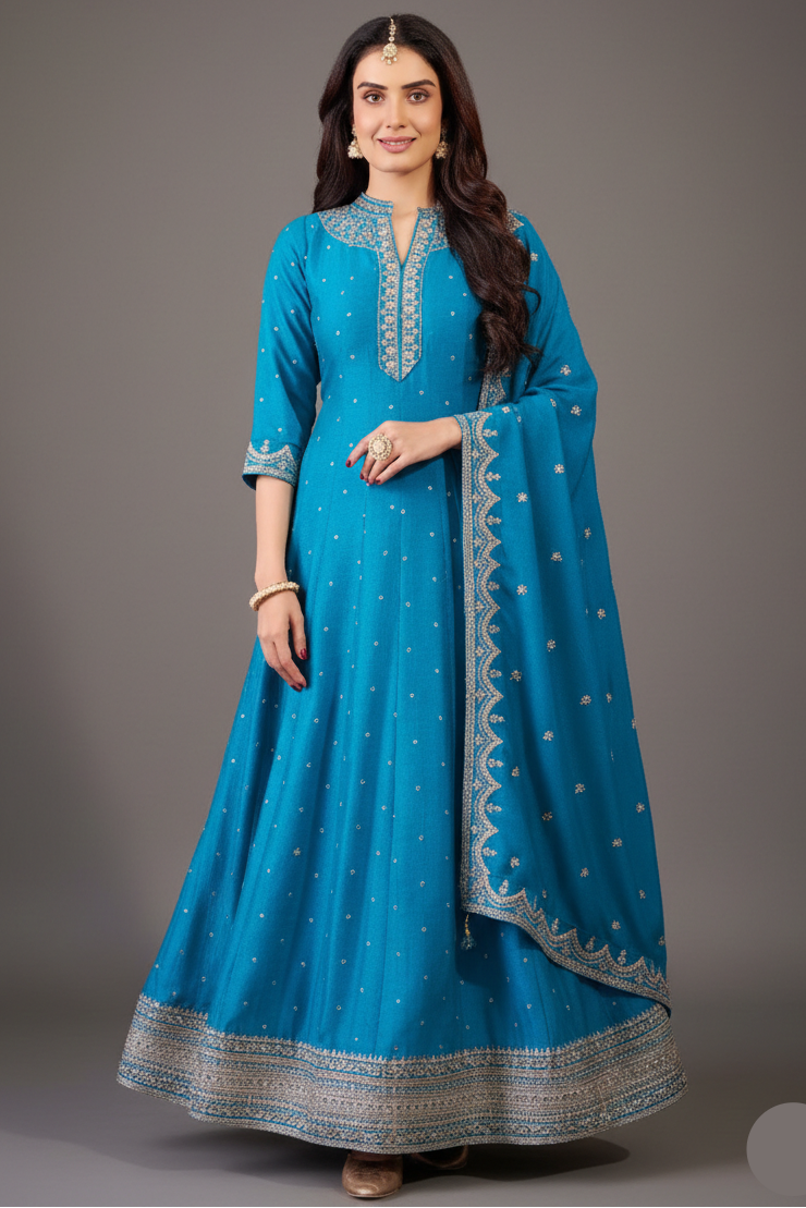 Sky Blue Art Silk Sequin Embroidery Worked Anarkali Suit - blue silk saree embroidery