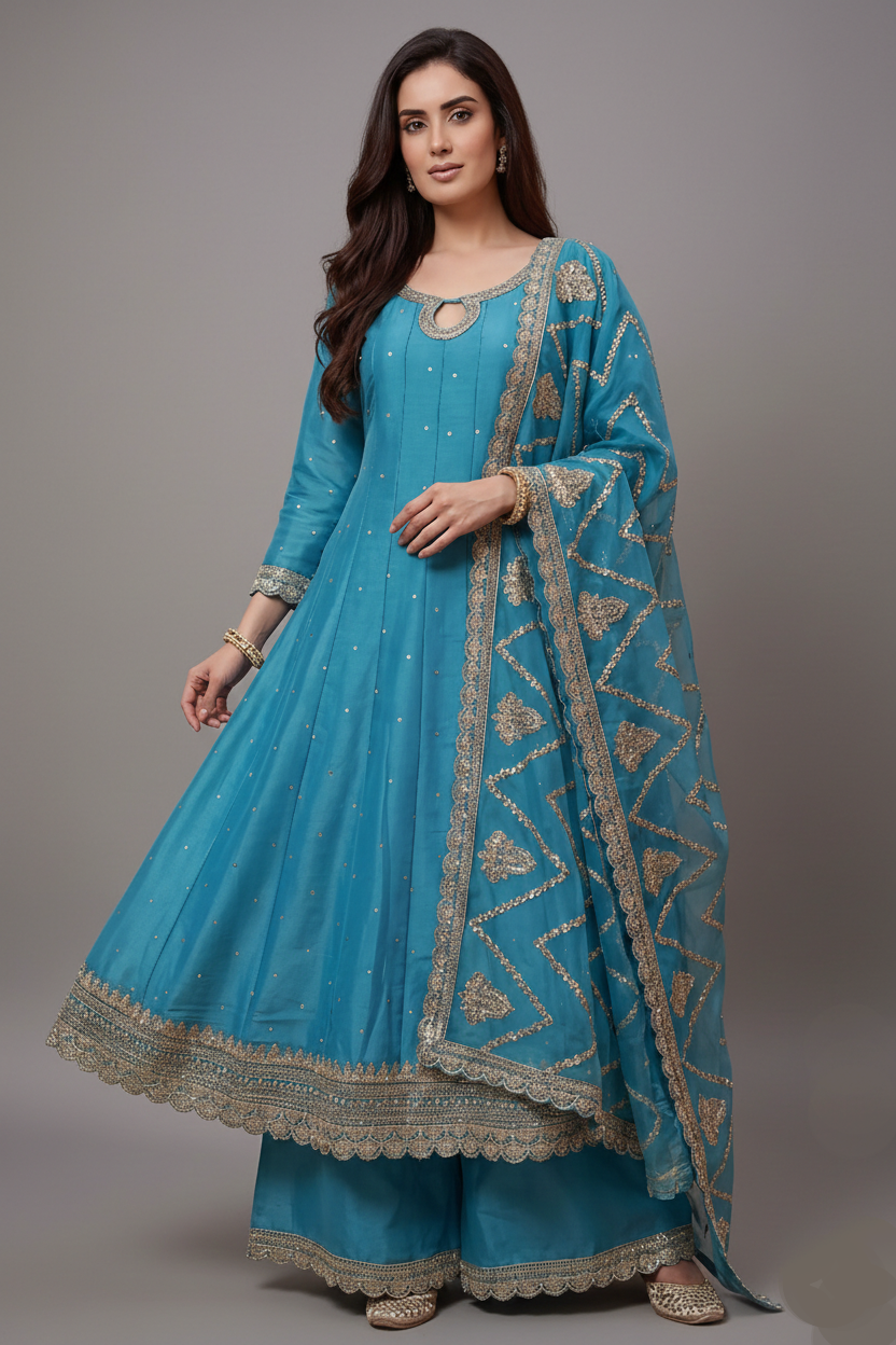 Sky Blue Art Silk Embroidered Anarkali Palazzo Suit - red silk saree embroidered