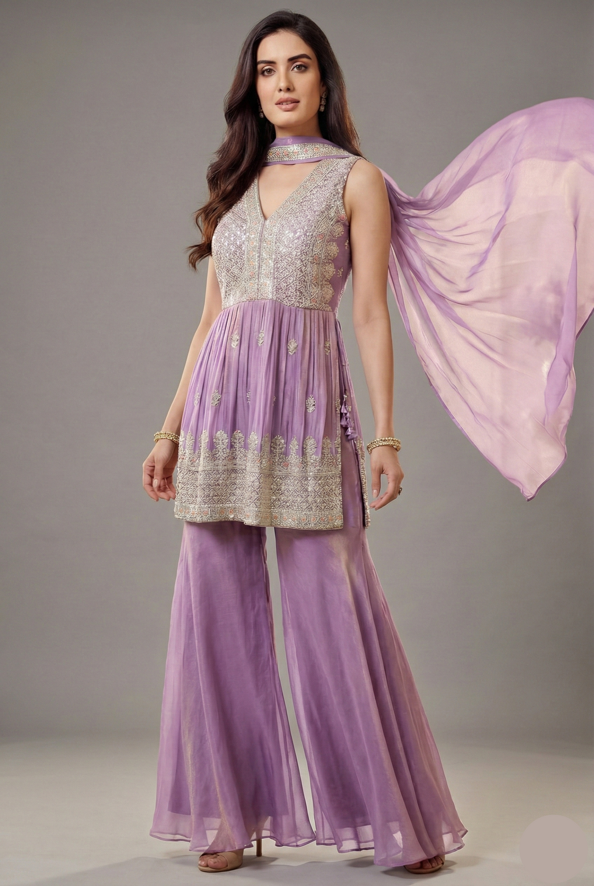 Lilac Orchid Purple Glass Tissue Organza Embroidered Palazzo Suit - red organza saree embroidered