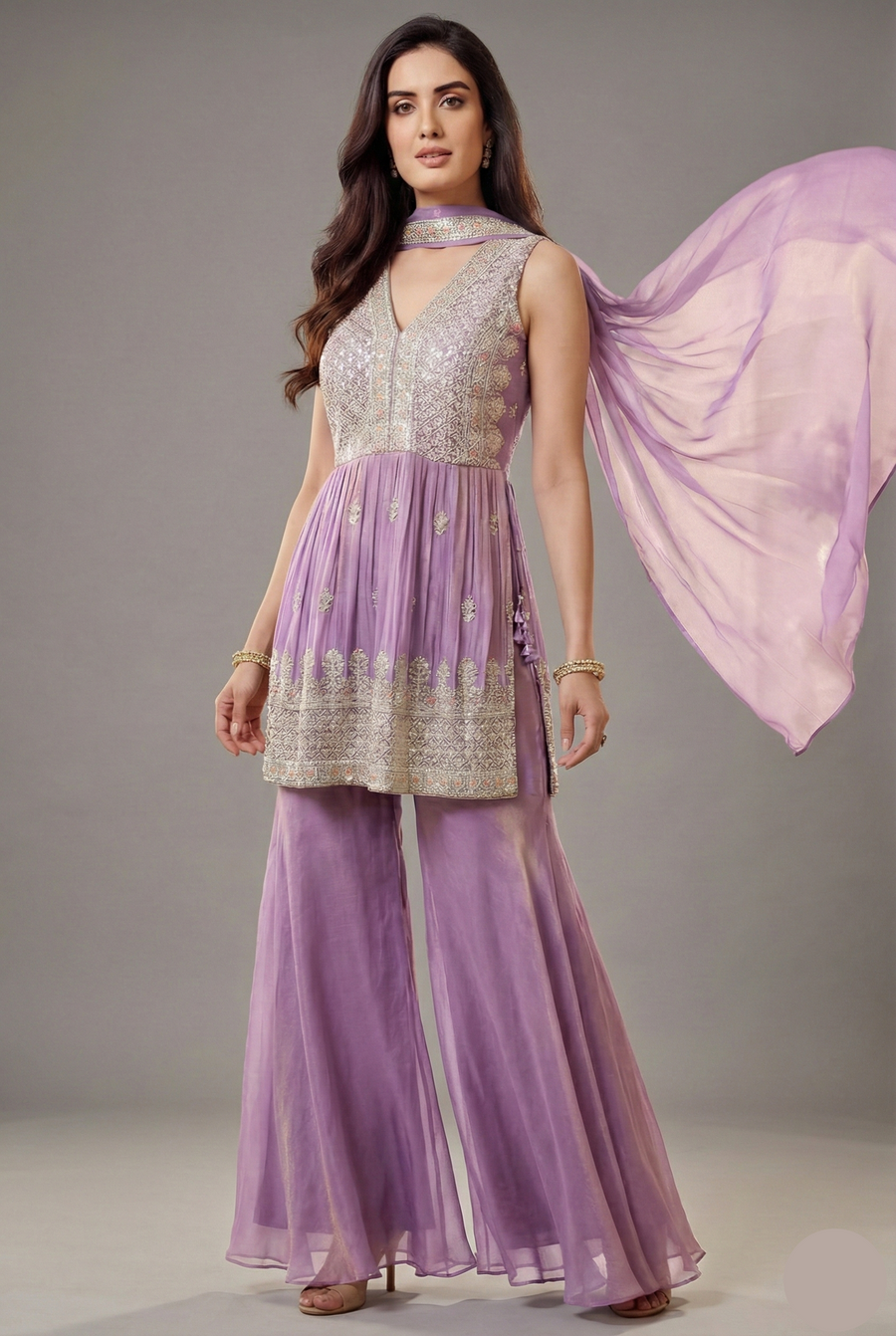 Lilac Orchid Purple Glass Tissue Organza Embroidered Palazzo Suit - red organza saree embroidered