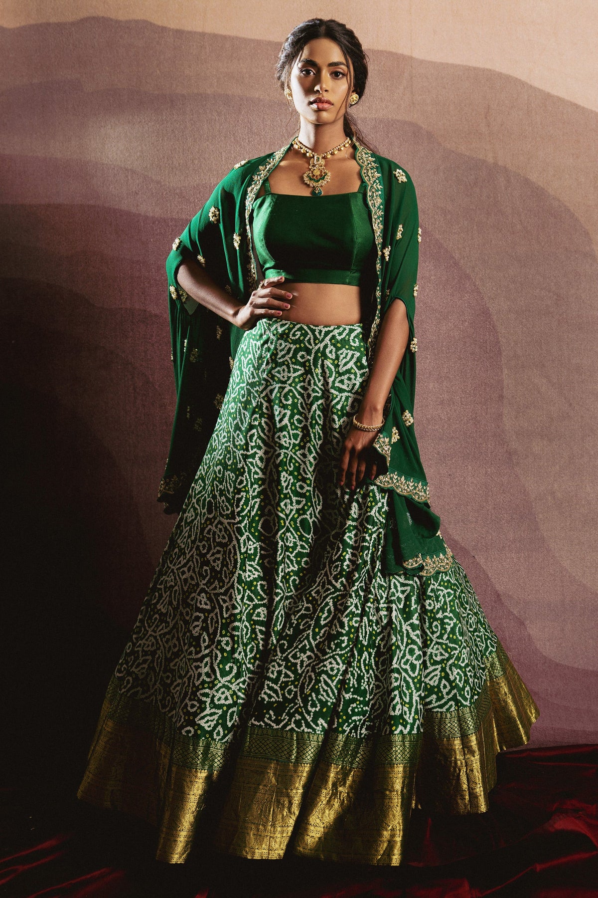 Green Satin Silk Bandhej Print Lehenga with Jacket Main image