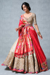 Cream Tissue Raw Silk Ajanta Ellora Inspired Border Lehenga with Mukaish Work