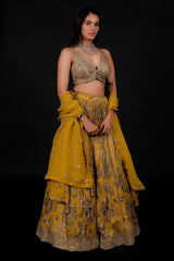 Mustard Organza Chinon Floral Printed Lehenga with Sequins Work